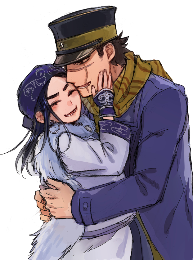 1boy 1girl ainu ainu_clothes asirpa bandana black_hair black_headwear blue_bandana blue_coat blush brown_eyes brown_hair buttons cape closed_eyes coat commentary_request couple ear_piercing earrings fur_cape golden_kamuy hand_on_another's_cheek hand_on_another's_face hat hetero hoop_earrings hug imperial_japanese_army jewelry kepi long_hair long_sleeves looking_at_another military military_hat military_uniform open_mouth piercing scar scar_on_cheek scar_on_face scar_on_mouth scar_on_nose scarf short_hair simple_background smile spiky_hair standing star_(symbol) sugimoto_saichi takeshi_kai thick_eyebrows two-tone_headwear uniform upper_body white_background white_cape yellow_headwear yellow_scarf