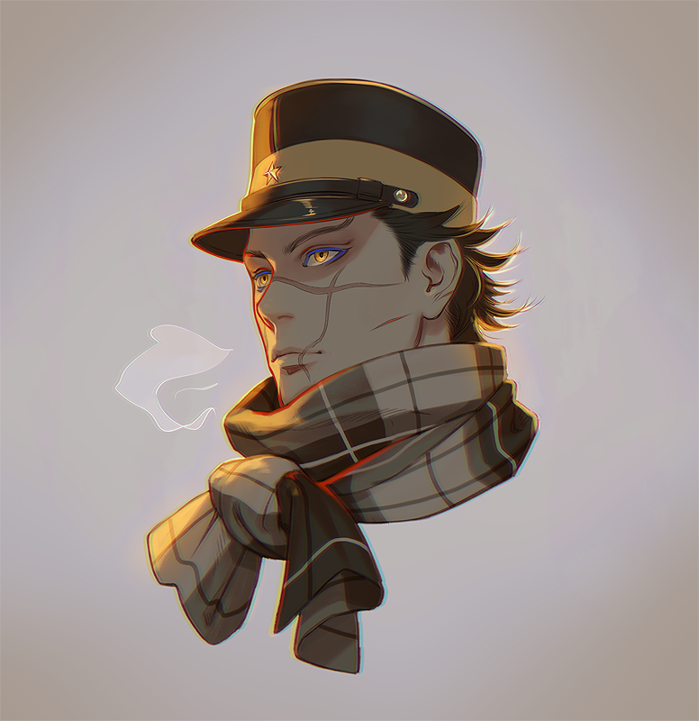 1boy black_hair breath expressionless glowing glowing_eyes golden_kamuy hat imperial_japanese_army kepi looking_to_the_side male_focus military_hat purple_eyeshadow scar scar_on_cheek scar_on_face scar_on_nose scarf short_hair simple_background solo spiky_hair sugimoto_saichi sunlight w55674570w yellow_eyes yellow_scarf