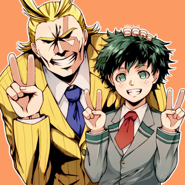 2boys all_might bangs black_hair blonde_hair blue_neckwear boku_no_hero_academia brown_jacket collared_shirt commentary_request dated double_v freckles green_eyes green_hair grey_jacket grin hand_on_another's_head jacket long_sleeves looking_at_viewer male_focus meipoi messy_hair midoriya_izuku multiple_boys necktie orange_background school_uniform shirt short_necktie simple_background smile u.a._school_uniform v