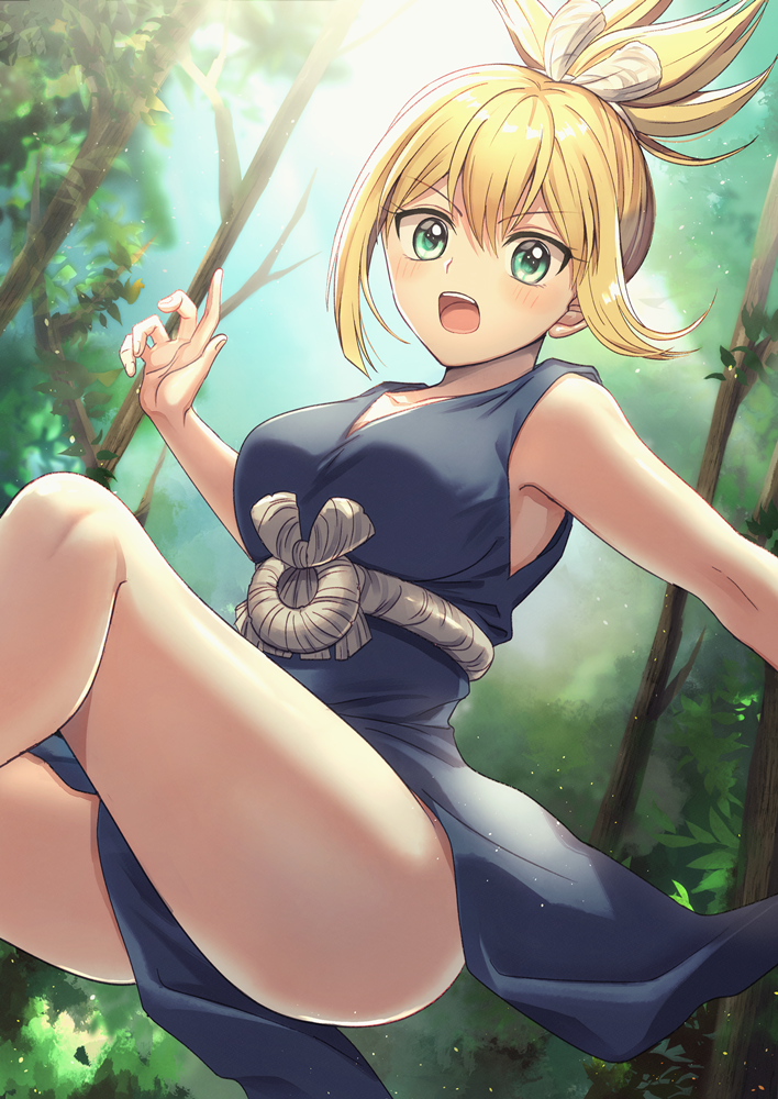 1girl bangs bare_legs blonde_hair blue_dress blush collarbone day dr._stone dress eyebrows_visible_through_hair forest green_eyes hair_between_eyes kohaku_(dr._stone) looking_at_viewer nanase_(nns_6077) nature open_mouth outdoors shiny shiny_hair sleeveless sleeveless_dress solo tied_hair