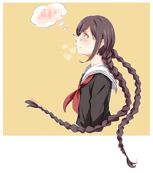 1girl bangs black_shirt blush braid censored closed_mouth commentary_request cropped_torso dangan_ronpa:_trigger_happy_havoc dangan_ronpa_(series) facing_to_the_side from_side fukawa_touko glasses long_hair long_sleeves looking_up meipoi mosaic_censoring neckerchief profile sailor_collar school_uniform serafuku shirt short_hair smile solo thought_bubble twin_braids upper_body very_short_hair yellow_background