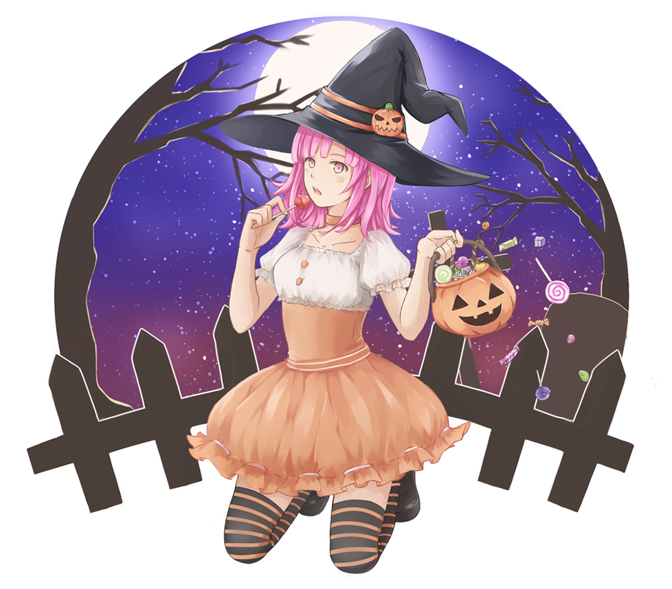 1girl bangs bare_tree black_headwear blush candy collarbone dangan_ronpa_(series) dangan_ronpa_2:_goodbye_despair dress fence food frills full_moon halloween hands_up hat holding holding_candy holding_food jack-o'-lantern kneeling medium_hair meipoi moon nanami_chiaki night open_mouth orange_dress pink_eyes pink_hair pumpkin shoes sky solo star_(sky) starry_sky striped striped_legwear symbol_commentary thigh-highs tree white_background witch_hat