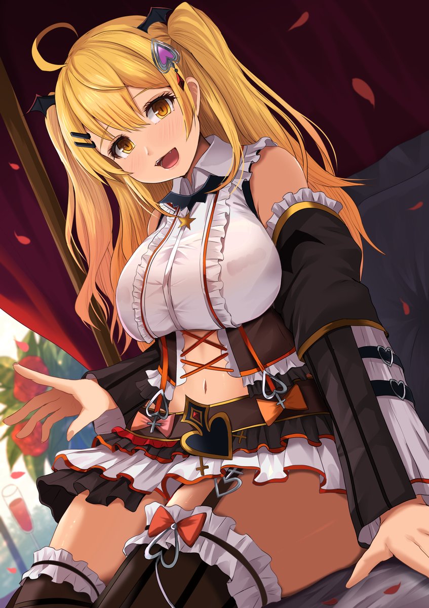 1girl ahoge alternate_costume bat_wings blonde_hair breasts collared_shirt commentary detached_sleeves frilled_legwear frilled_skirt frills garter_straps highres hololive kanzaki_kureha looking_at_viewer midriff open_mouth shirt sitting skirt smile solo thigh-highs wings yellow_eyes yozora_mel