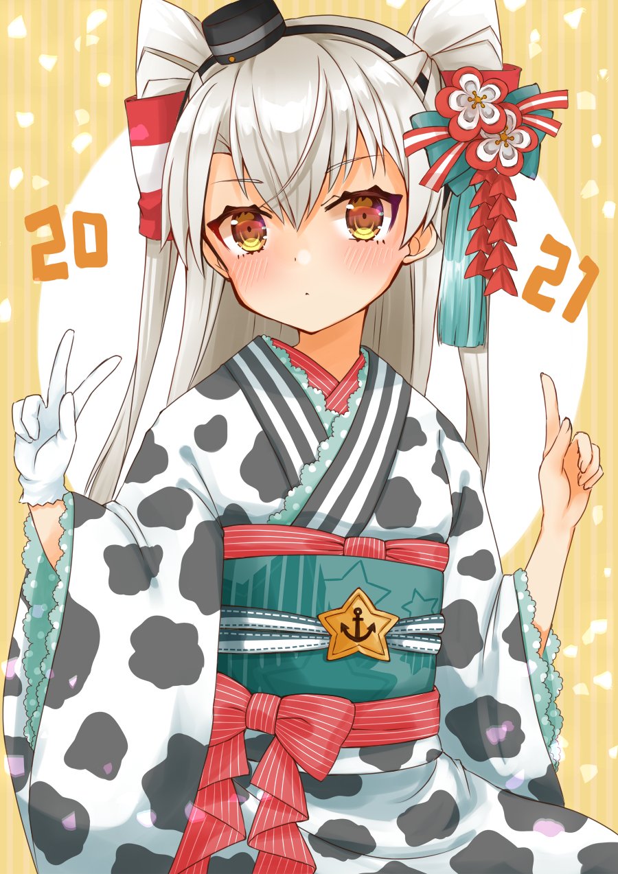 1girl 2021 alternate_costume amatsukaze_(kantai_collection) anchor_symbol brown_eyes cocoperino commentary_request cowboy_shot gloves highres index_finger_raised japanese_clothes kantai_collection kimono long_hair obi sash silver_hair single_glove smokestack_hair_ornament solo striped striped_background two_side_up v white_gloves windsock