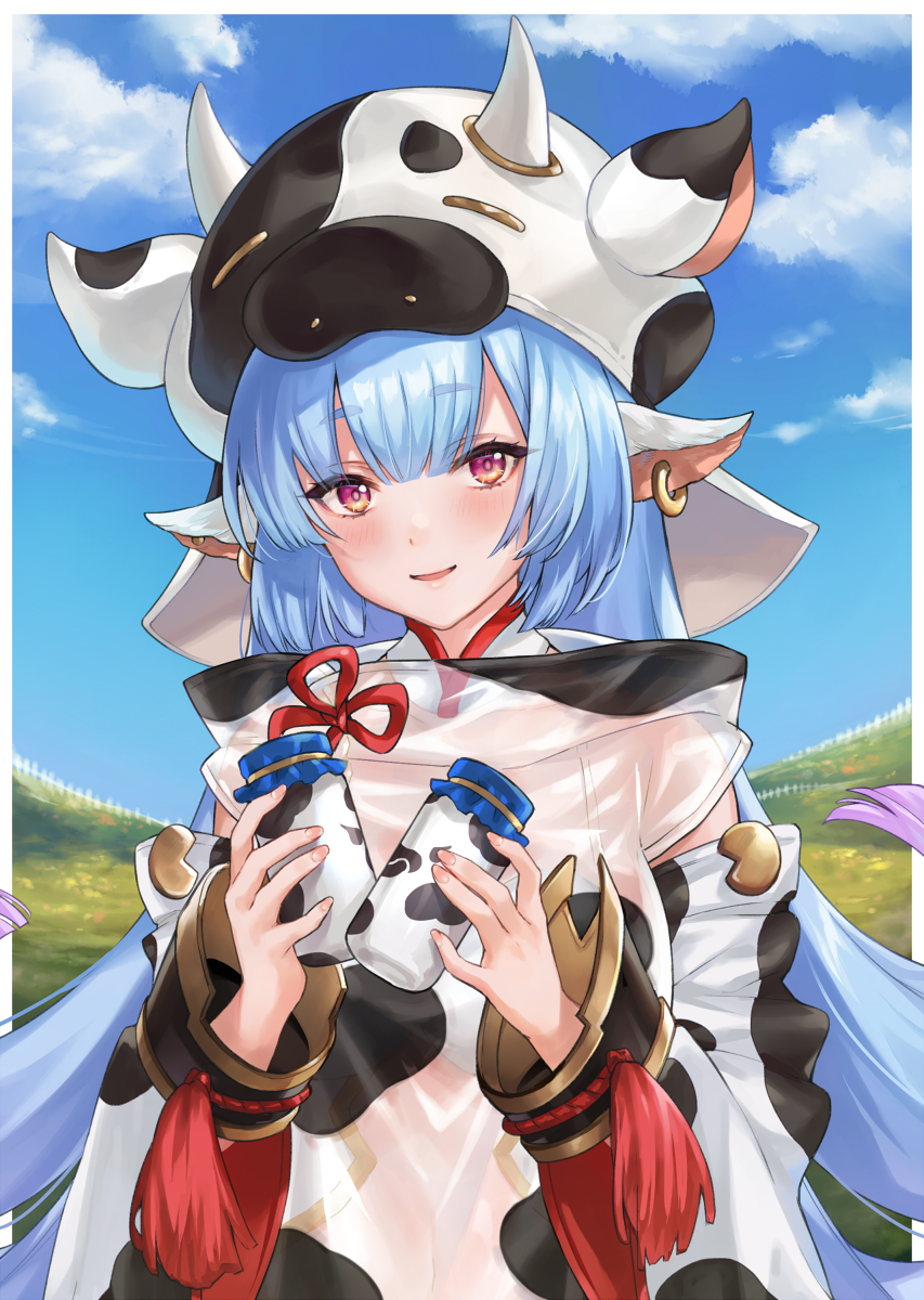 1girl animal_ears animal_print blue_hair blue_sky blush bottle breasts clouds commentary cow_ears cow_hat cow_horns cow_print day detached_sleeves draph earrings eyebrows_visible_through_hair granblue_fantasy highres horns jewelry long_hair looking_at_viewer milk_bottle open_mouth red_eyes shatola_(granblue_fantasy) sheer_clothes shiao sky smile solo