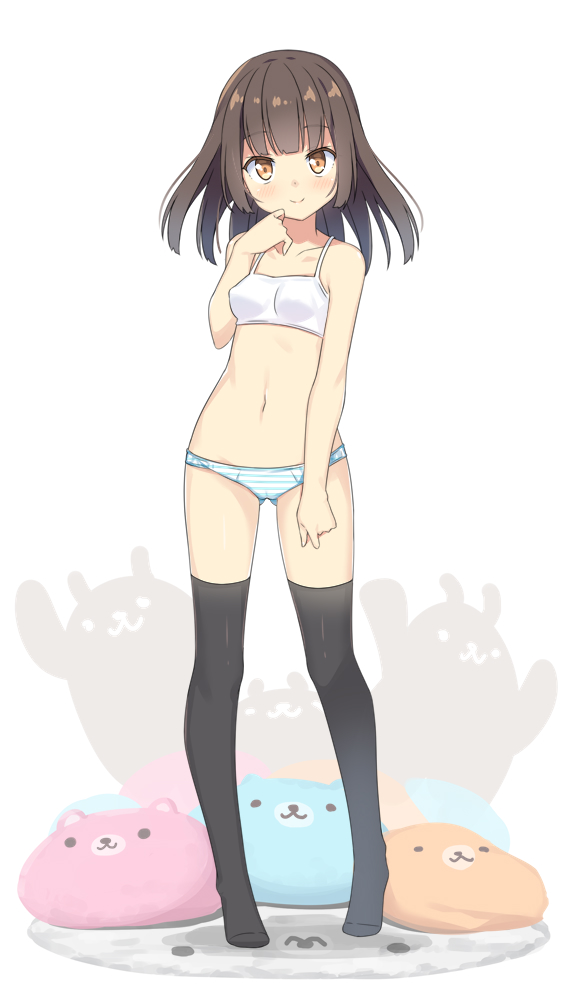 1girl bangs bare_arms bare_shoulders black_legwear bra breasts brown_eyes brown_hair closed_mouth collarbone eyebrows_visible_through_hair full_body hand_up hatsunatsu long_hair looking_at_viewer navel no_shoes original panties small_breasts smile solo standing striped striped_panties thigh-highs underwear underwear_only white_background white_bra