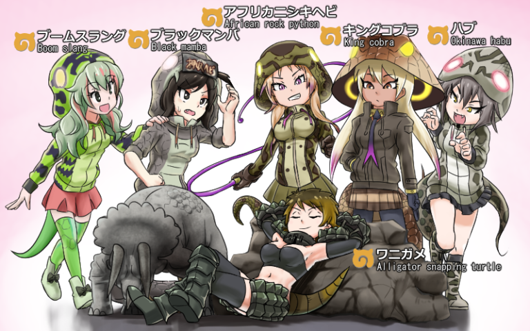 6+girls :d african_rock_python_(kemono_friends) alligator_snapping_turtle_(kemono_friends) arm_at_side armor armored_boots armpits arms_behind_head arms_up black_eyes black_hair black_mamba_(kemono_friends) black_tubetop blonde_hair boomslang_(kemono_friends) boots brown_eyes character_name claw_pose closed_eyes closed_mouth collared_jacket dark_skin dark-skinned_female drawstring elbow_gloves fang full_body gloves glowing green_eyes green_hair grey_hair grin habu_(kemono_friends) haegiwa_gonbee hand_in_pocket hand_on_another's_shoulder high_collar holding holding_whip hood hood_up hooded_jacket jacket japari_symbol kemono_friends king_cobra_(kemono_friends) leaning_back long_hair long_sleeves looking_at_another microskirt midriff miniskirt multicolored_hair multiple_girls navel necktie open_mouth pleated_skirt pocket purple_hair redhead short_hair short_sleeves shoulder_armor sitting skirt slit_pupils smile snake_tail standing statue stomach strapless tail thigh-highs tsurime tubetop twintails two-tone_hair violet_eyes walking whip yellow_eyes zettai_ryouiki