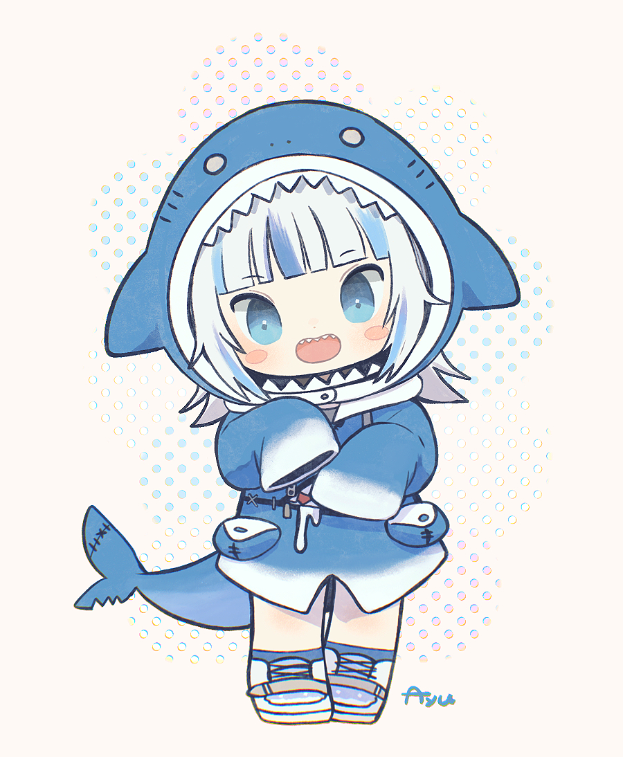 1girl animal_costume animal_hood ayu_(mog) bangs blue_eyes blue_hair blue_hoodie blunt_bangs chibi fish_tail gawr_gura hololive hololive_english hood hoodie looking_at_viewer medium_hair multicolored_hair open_mouth shark_costume shark_girl shark_hood shark_tail sharp_teeth shoes silver_hair sleeves_past_wrists sneakers solo streaked_hair tail teeth virtual_youtuber white_footwear wide_sleeves