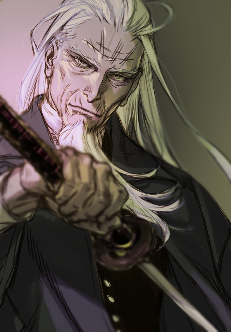 1boy beard black_suit blurry_foreground facial_hair golden_kamuy grey_eyes hijikata_toshizou_(golden_kamuy) holding holding_sword holding_weapon katana light_smile long_hair long_sleeves looking_at_viewer male_focus old old_man solo sword thick_eyebrows w55674570w weapon white_hair wrinkles