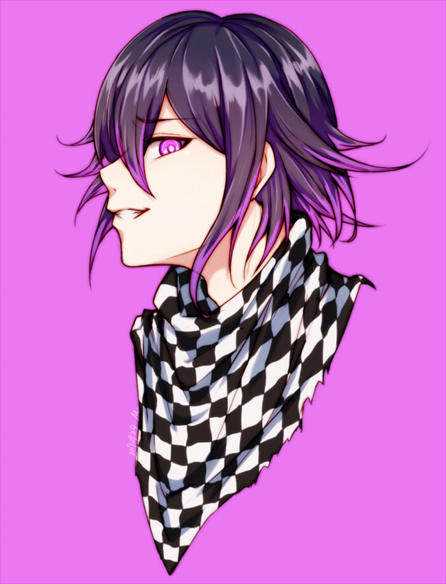 1boy bangs checkered checkered_background checkered_neckwear checkered_scarf dangan_ronpa_(series) dangan_ronpa_v3:_killing_harmony face from_side grin hair_between_eyes long_sleeves looking_at_viewer male_focus meipoi ouma_kokichi pink_background pink_eyes profile purple_hair scarf shiny shiny_hair short_hair simple_background smile solo violet_eyes