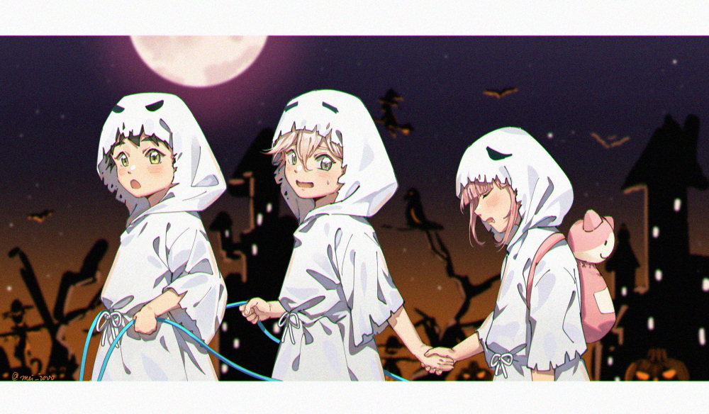 1girl 2boys backpack bag bangs blue_ribbon blush brown_eyes brown_hair cat_bag child commentary_request dangan_ronpa_(series) dangan_ronpa_2:_goodbye_despair from_side ghost_costume grey_hair hinata_hajime holding holding_hands holding_ribbon komaeda_nagito letterboxed light_brown_hair meipoi moon multiple_boys nanami_chiaki night open_mouth outdoors pink_bag ribbon short_hair sleeping sleeping_upright smile sweatdrop younger