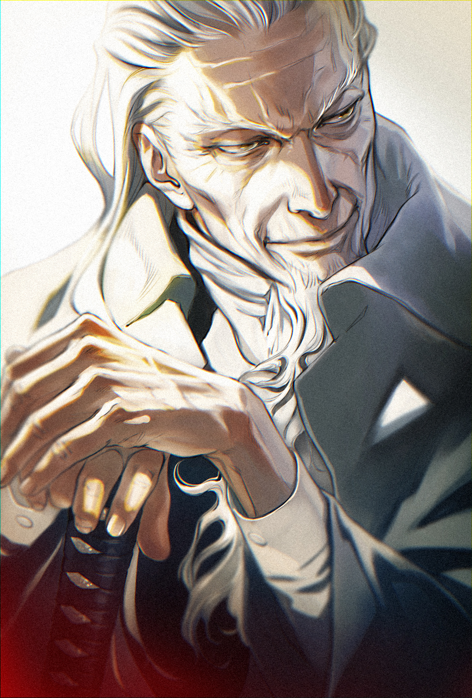 1boy beard black_suit close-up coat facial_hair golden_kamuy grey_eyes highres hijikata_toshizou_(golden_kamuy) holding holding_sword holding_weapon katana long_hair long_sleeves looking_to_the_side male_focus old old_man smile solo sunlight sword thick_eyebrows upper_body w55674570w weapon white_hair wrinkles