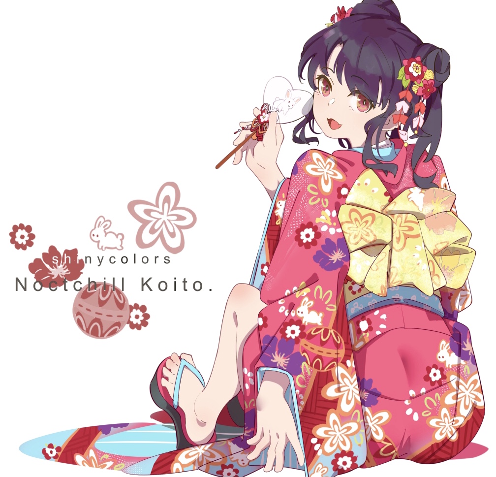 1girl black_hair bunny_hair_ornament commentary_request fangs flower fukumaru_koito hair_flower hair_ornament idolmaster idolmaster_shiny_colors japanese_clothes kimono knees_up looking_at_viewer looking_back obi pink_kimono platform_footwear red_eyes sandals sash sitting skin_fangs solo twintails uki_kumo white_background wide_sleeves