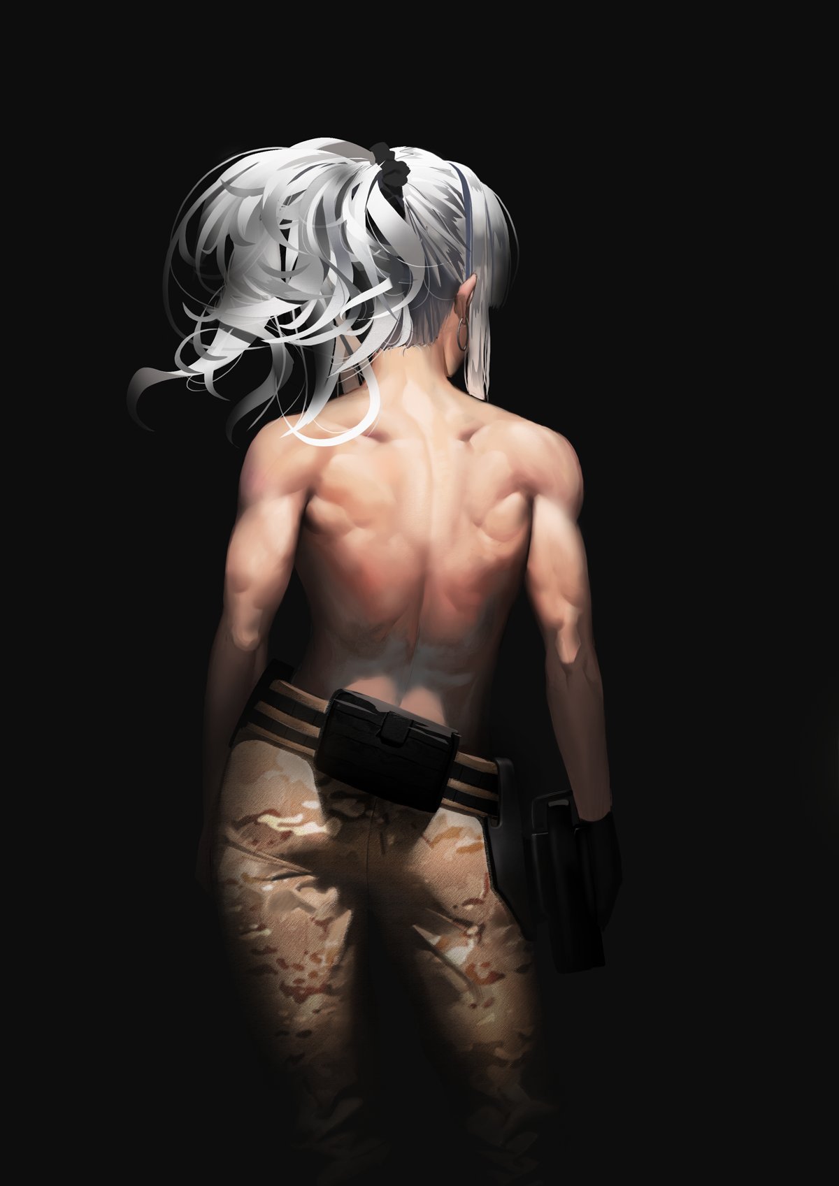 1girl back black_background camouflage camouflage_pants cowboy_shot earrings from_behind hair_ornament hair_scrunchie highres holstered_weapon jewelry original pants ponytail pouch scrunchie sidelocks solo standing toned topless tttatical wavy_hair white_hair