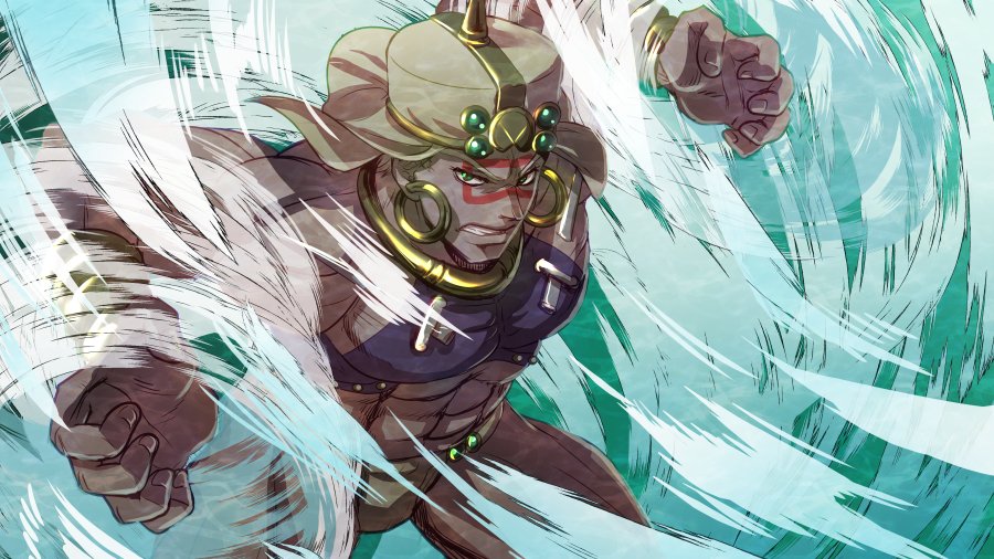 1boy 7mitohgarashi abs action bare_arms bare_shoulders battle_tendency bracelet clenched_teeth commentary_request crop_top dark_skin dark_skinned_male earrings facial_mark furrowed_eyebrows green_eyes hands_up hat hoop_earrings jewelry jojo_no_kimyou_na_bouken loincloth male_focus midriff muscular neck_ring serious solo teeth wamuu wind