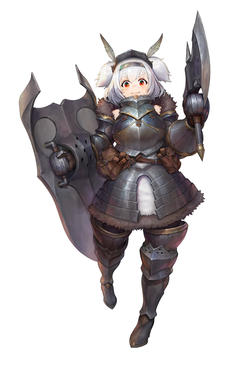 1girl armor armored_skirt axe bangs breastplate faulds full_body greaves hairband highres june_5 last_origin looking_at_viewer medium_hair red_eyes shield shoulder_armor simple_background smile solo spaulders t-13_alvis two_side_up weapon white_background white_hair