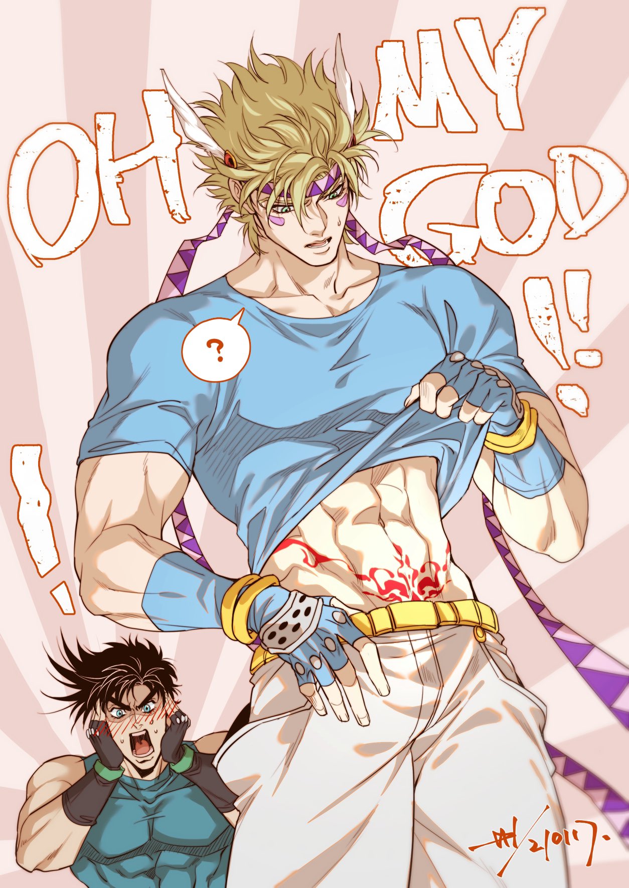 2boys ? abs battle_tendency blonde_hair blue_eyes blue_gloves blue_shirt blush bracelet brown_hair caesar_anthonio_zeppeli collarbone commentary confused dated english_commentary english_text eyebrows_behind_hair facial_mark feathers fingerless_gloves gloves green_eyes hair_feathers hands_on_own_cheeks hands_on_own_face headband highres jewelry jojo_no_kimyou_na_bouken joseph_joestar_(young) lifted_by_self looking_down male_focus multiple_boys navel open_mouth pubic_tattoo sashiyu shirt shirt_lift short_hair short_sleeves signature speech_bubble spoken_question_mark surprised sweatdrop symbol_commentary t-shirt tattoo triangle_print