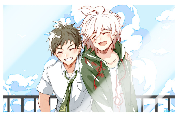 2boys :d ahoge blush border breast_pocket brown_hair closed_eyes clouds cloudy_sky collarbone collared_shirt commentary_request dangan_ronpa_(series) dangan_ronpa_2:_goodbye_despair friends green_jacket green_neckwear grin hair_between_eyes hands_on_another's_shoulder hinata_hajime hood hood_down hooded_jacket jacket komaeda_nagito male_focus meipoi multiple_boys necktie open_clothes open_jacket open_mouth pocket print_shirt railing shiny shiny_hair shirt sky smile upper_body white_border white_hair white_shirt