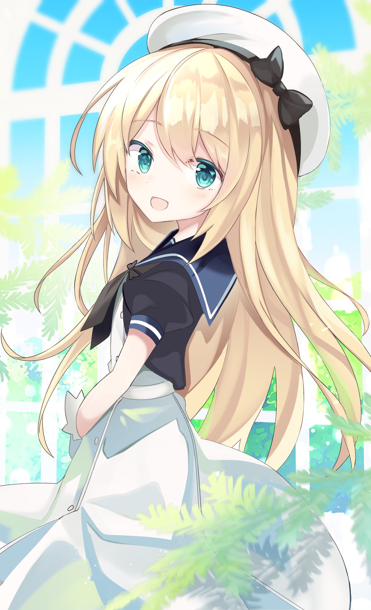 1girl blonde_hair blue_eyes blue_sailor_collar blurry cowboy_shot depth_of_field dress fathom gloves hat highres jervis_(kantai_collection) kantai_collection long_hair looking_at_viewer open_mouth sailor_collar sailor_dress sailor_hat short_sleeves smile solo white_dress white_gloves white_headwear window