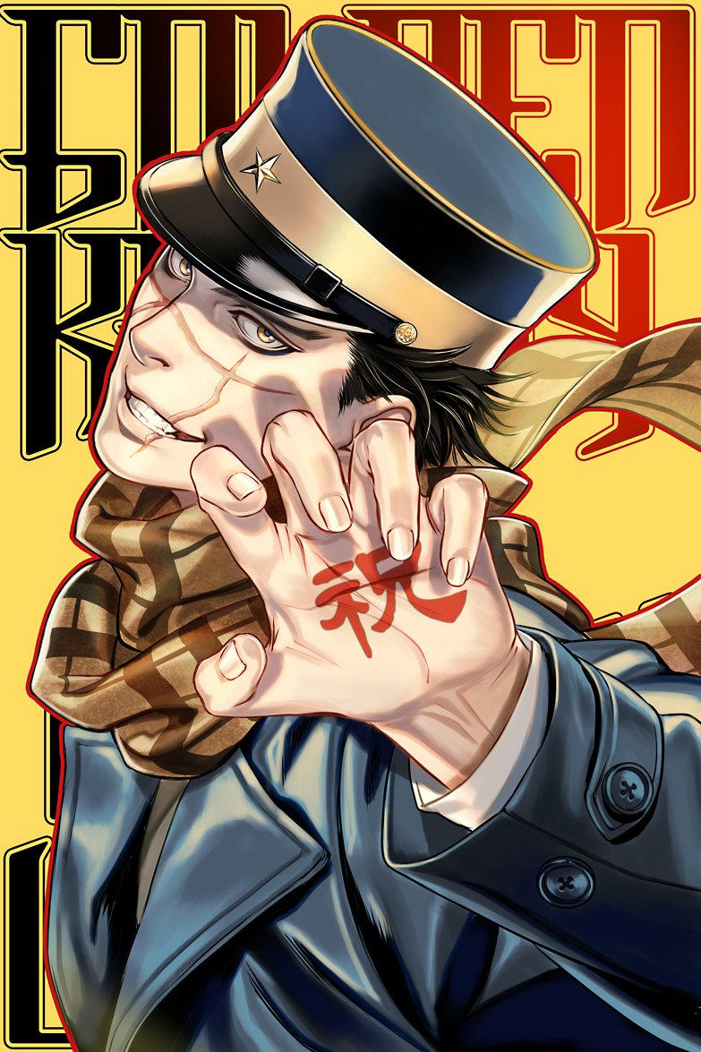 1boy black_hair blue_jacket bodypaint buttons claw_pose close-up collared_jacket golden_kamuy hat head_tilt imperial_japanese_army jacket kepi male_focus military military_hat military_uniform scar scar_on_cheek scar_on_face scar_on_nose scarf short_hair simple_background smile solo spiky_hair sugimoto_saichi uniform upper_body w55674570w yellow_scarf