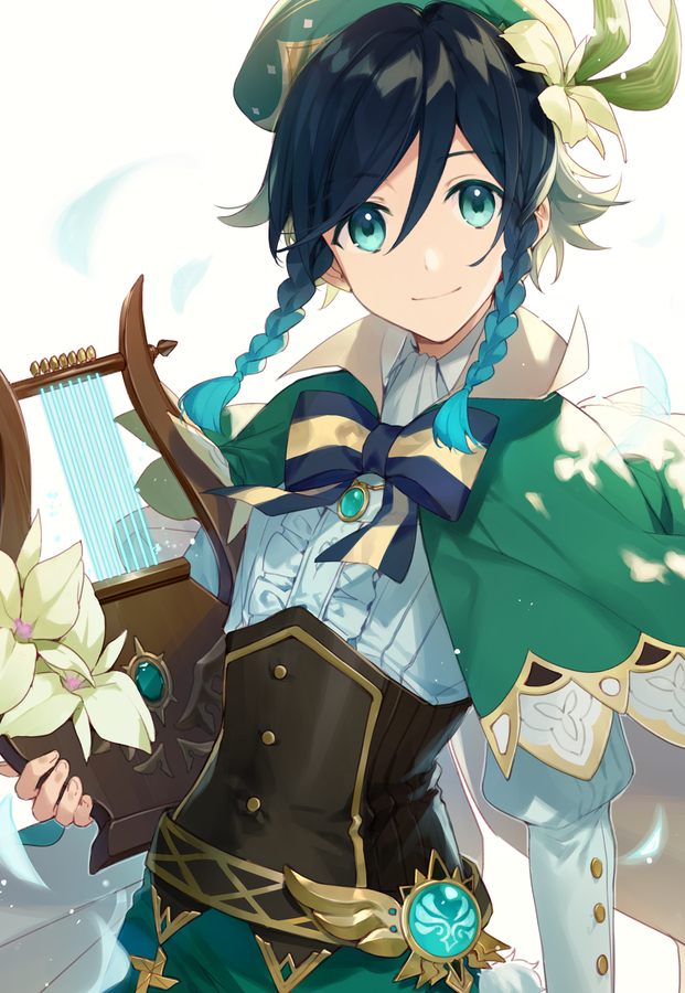 1boy aqua_hair asahikawa_hiyori belt black_hair braid collared_capelet commentary flower genshin_impact gradient_hair green_capelet green_eyes green_headwear hat hat_flower holding holding_instrument instrument long_sleeves looking_at_viewer lyre male_focus multicolored_hair puffy_sleeves simple_background smile solo twin_braids upper_body venti_(genshin_impact) vision_(genshin_impact) white_background white_flower