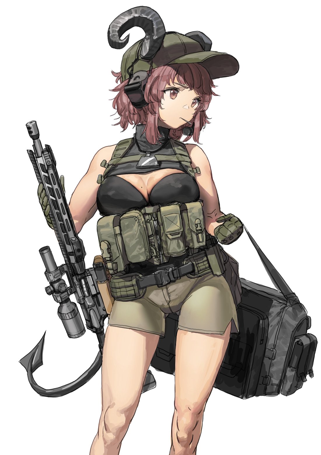 1girl ar-15 bag baseball_cap breasts brown_eyes brown_hair demon_girl demon_horns demon_tail gloves gun hat headphones highres holding holding_bag holding_gun holding_weapon holstered_weapon horns large_breasts looking_to_the_side mole mole_on_breast mouth_hold original pouch rifle serious short_hair shorts sniper_scope solo standing tail tttatical turtleneck weapon white_background