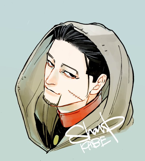 1boy artist_name black_eyes black_hair black_jacket blue_background buttons cape closed_mouth collared_jacket commentary_request facial_hair from_side golden_kamuy grey_cape hair_slicked_back hair_strand hood hood_up hooded_cape imperial_japanese_army jacket looking_at_viewer male_focus military military_uniform ogata_hyakunosuke scar scar_on_cheek scar_on_face shaapu short_hair simple_background smile solo stubble undercut uniform upper_body