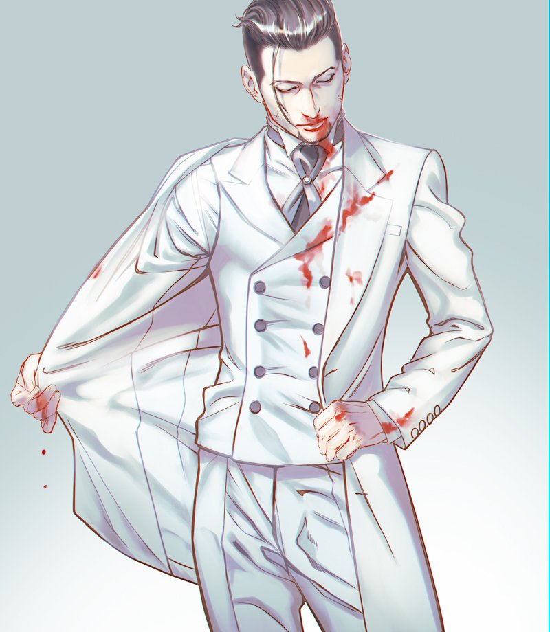 1boy alternate_costume black_eyes black_hair blood bloody_clothes bloody_hands buttons closed_eyes collared_jacket cravat european_clothes facial_hair feet_out_of_frame formal golden_kamuy hair_slicked_back hair_strand head_tilt male_focus ogata_hyakunosuke pants scar scar_on_cheek scar_on_face short_hair solo stubble suit undercut undressing vest w55674570w white_pants white_suit white_vest