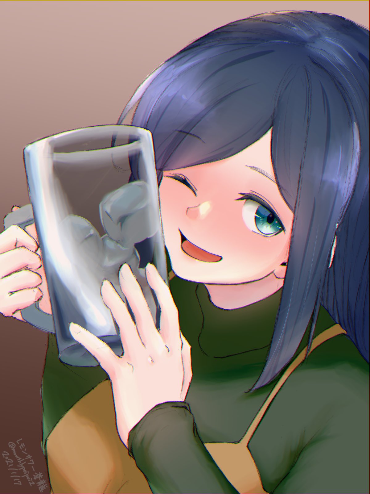 1girl ;d aqua_eyes beer_mug beige_dress blue_hair blush breasts brown_background character_name cheek_press cup dated drunk gradient gradient_background green_sweater highres holding holding_cup ice ice_cube kantai_collection large_breasts long_hair looking_at_viewer mug nose_blush official_alternate_costume one_eye_closed open_mouth smile solo souryuu_(kantai_collection) sweater turtleneck turtleneck_sweater twitter_username umibudou upper_body