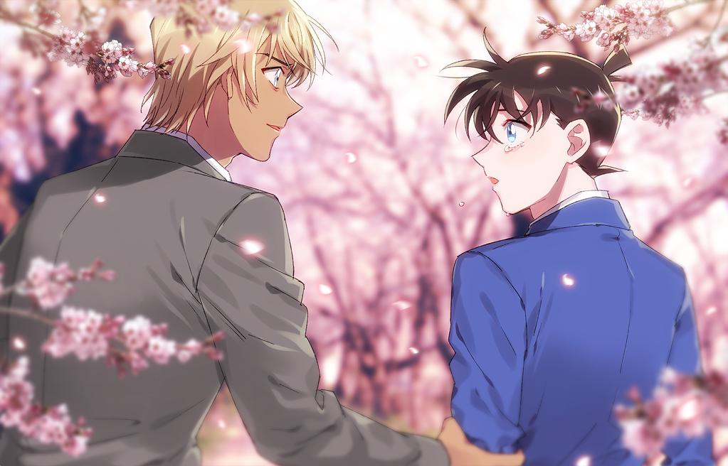 2boys amuro_tooru arm_grab bangs blazer blonde_hair blue_eyes blue_jacket blurry blurry_background brown_hair cherry_blossoms collared_shirt commentary_request eye_contact falling_petals flower formal from_behind grey_jacket grey_suit jacket k_(gear_labo) kudou_shin'ichi long_sleeves looking_at_another male_focus meitantei_conan multiple_boys open_mouth parted_lips petals pink_flower school_uniform shirt short_hair smile spring_(season) suit tears teitan_high_school_uniform tree upper_body white_shirt