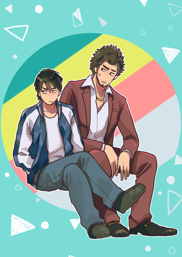 2boys afro age_difference annoyed aqua_background black_footwear cocked_eyebrow color_guide crossed_legs denim facial_hair goatee gold_necklace hands_in_pockets jacket jeans kasuga_ichiban multiple_boys nug older open_clothes open_jacket pants red_jacket red_pants ryuu_ga_gotoku ryuu_ga_gotoku_7 shirt shoes short_hair sitting timeskip white_shirt yakuza younger