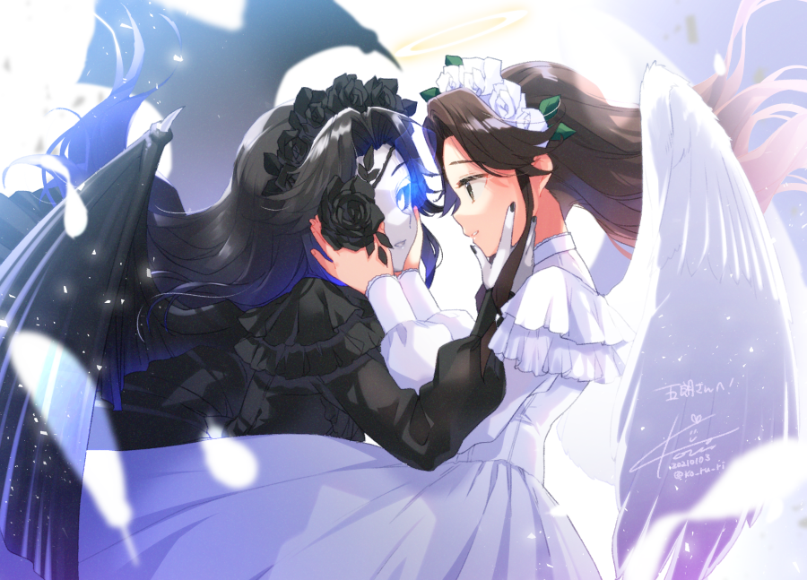 2girls angel_wings black_dress black_flower black_hair black_nails black_rose black_wings blue_eyes bridal_gauntlets brown_eyes brown_hair colored_skin commentary_request commission cowboy_shot demon_wings dress eye_contact feathered_wings flower flower_eyepatch frilled_dress frills from_side glowing glowing_eye grey_skin hair_flower hair_ornament hands_on_another's_cheeks hands_on_another's_face jintsuu_(kantai_collection) kantai_collection koruri light_cruiser_princess long_hair long_sleeves looking_at_another multiple_girls nail_polish one_eye_covered parted_lips rose skeb_commission wedding_dress white_dress white_flower white_rose white_wings wings yuri