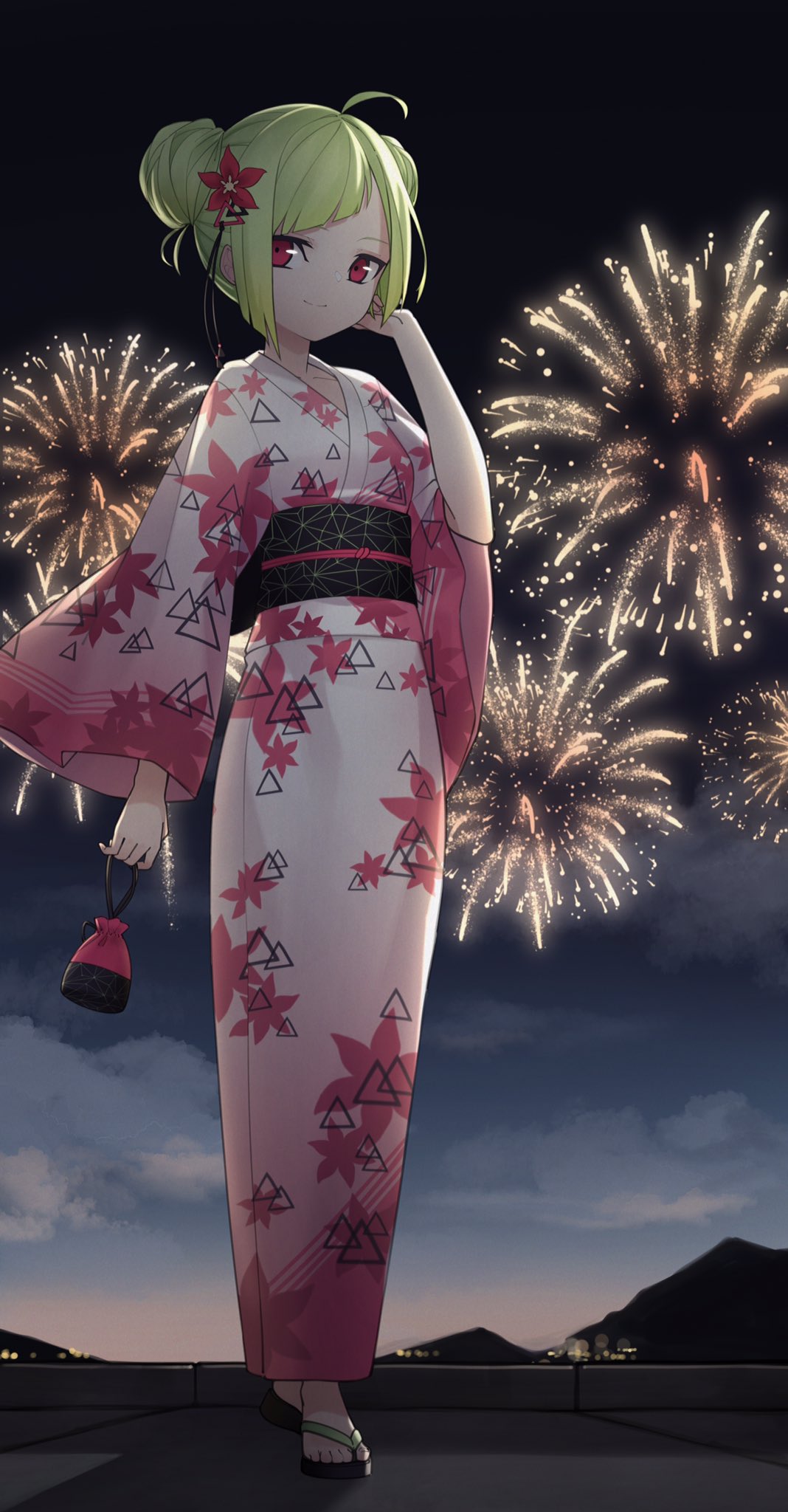 1girl ahoge bangs black_sash collarbone commentary delutaya diagonal_bangs double_bun english_commentary fireworks floral_print flower flower_request full_body green_hair hair_flower hair_ornament highres indie_virtual_youtuber japanese_clothes kimono long_sleeves looking_at_viewer mountain night night_sky obi outdoors red_eyes rev0ke sandals sash second-party_source sky solo standing triangle_print virtual_youtuber wide_sleeves