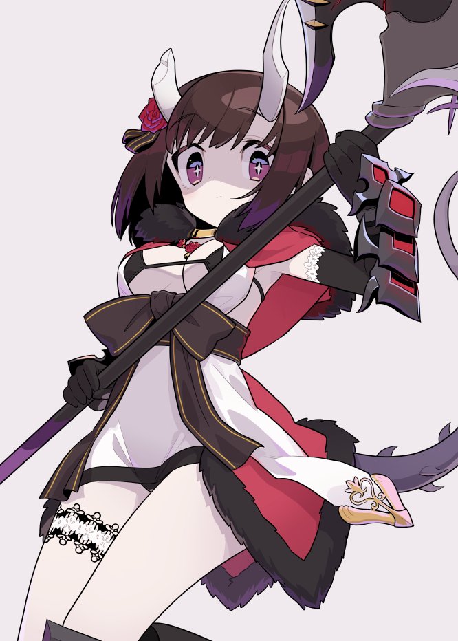 +_+ 1girl armor axe bangs battle_axe black_bra black_gloves bra breasts broken_horn brown_hair capelet eriko_(princess_connect!) eyebrows_visible_through_hair flower fur-trimmed_capelet fur_trim garters gloves grey_background hair_flower hair_ornament holding holding_weapon horns large_breasts leg_garter looking_at_viewer monaka_ooji princess_connect! princess_connect!_re:dive red_flower red_rose rose shaded_face short_hair simple_background solo spiked_tail spikes tail underwear violet_eyes weapon