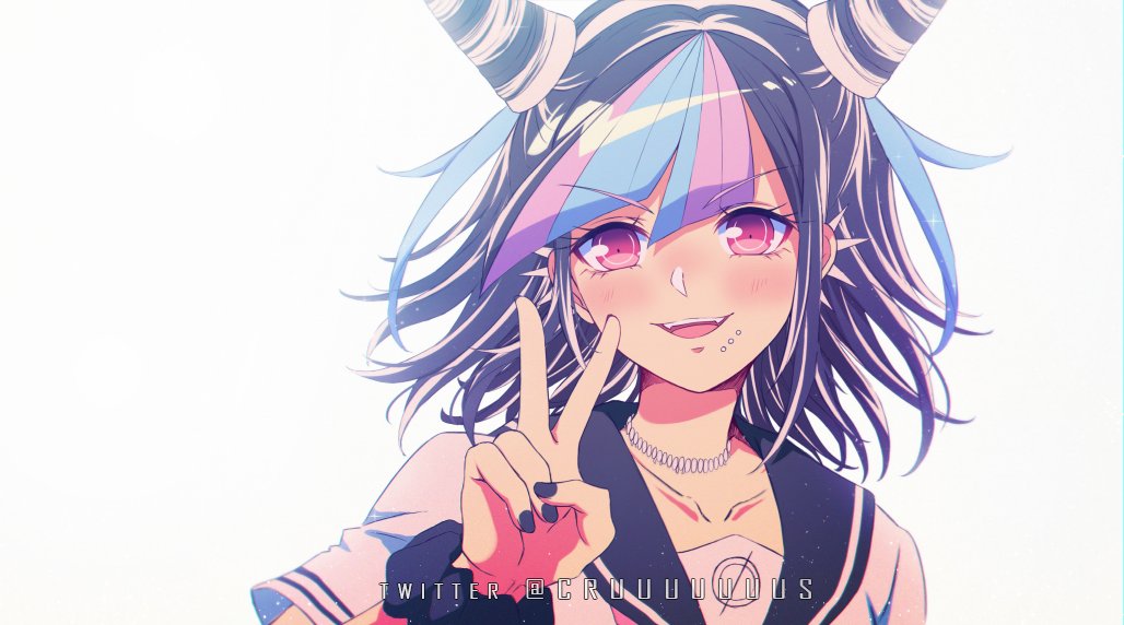 1girl alternate_hair_length alternate_hairstyle bangs black_hair black_nails blush collarbone commentary criis-chan dangan_ronpa_(series) dangan_ronpa_2:_goodbye_despair ear_piercing eyebrows_visible_through_hair fake_horns fangs hair_horns horns jewelry looking_at_viewer medium_hair mioda_ibuki mouth_piercing multicolored_hair nail_polish necklace open_mouth piercing pink_eyes pink_hair sailor_collar school_uniform scrunchie shirt smile solo twitter_username upper_body v white_hair wrist_scrunchie