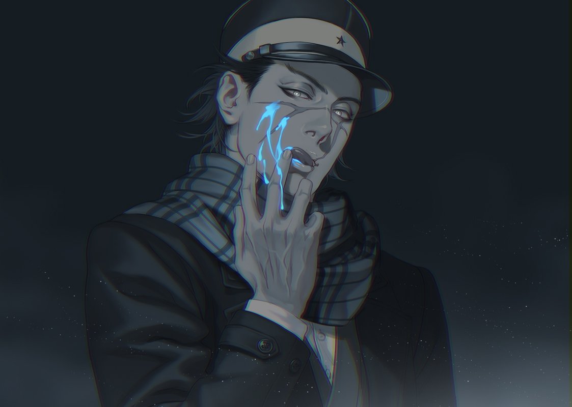 1boy black_eyes black_hair blue_blood buttons finger_licking golden_kamuy hat imperial_japanese_army kepi licking looking_at_viewer male_focus military_hat scar scar_on_cheek scar_on_face scar_on_nose scarf short_hair simple_background solo spiky_hair spot_color sugimoto_saichi upper_body veins w55674570w