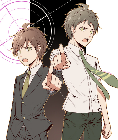 2boys :o ahoge bangs black_jacket black_pants breast_pocket brown_hair brown_pants collared_shirt commentary_request cowboy_shot dangan_ronpa_(series) dangan_ronpa_2:_goodbye_despair dangan_ronpa_3_(anime) formal green_neckwear hand_up hinata_hajime jacket long_sleeves looking_at_viewer male_focus meipoi multiple_boys naegi_makoto necktie open_mouth pants pocket pointing pointing_at_viewer shirt short_hair striped teeth upper_teeth white_shirt