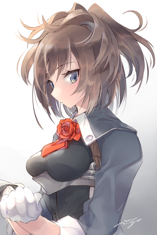 1girl ascot blue_eyes brown_hair commentary_request dated flower gloves gradient gradient_background grey_background kantai_collection long_hair looking_at_viewer military military_uniform nigo red_flower red_neckwear red_rose rose sheffield_(kantai_collection) signature solo uniform white_background white_gloves
