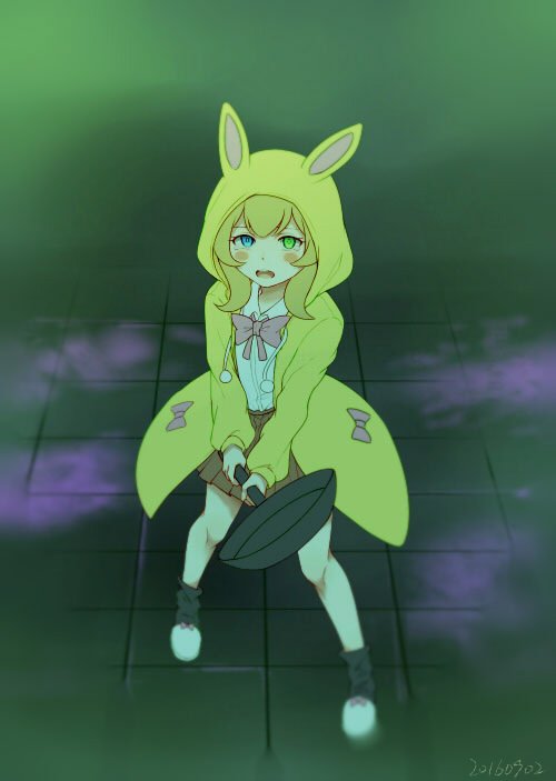 1girl animal_hood bangs blush blush_stickers bow brown_skirt bunny_hood commentary_request dangan_ronpa_(series) dangan_ronpa_3_(anime) dated from_above frying_pan full_body green_eyes heterochromia holding holding_frying_pan hood hood_up legs_apart long_sleeves looking_at_viewer meipoi miniskirt open_mouth pink_blood pleated_skirt shirt shirt_tucked_in shoes skirt solo tile_floor tiles umesawa_aiko upper_teeth