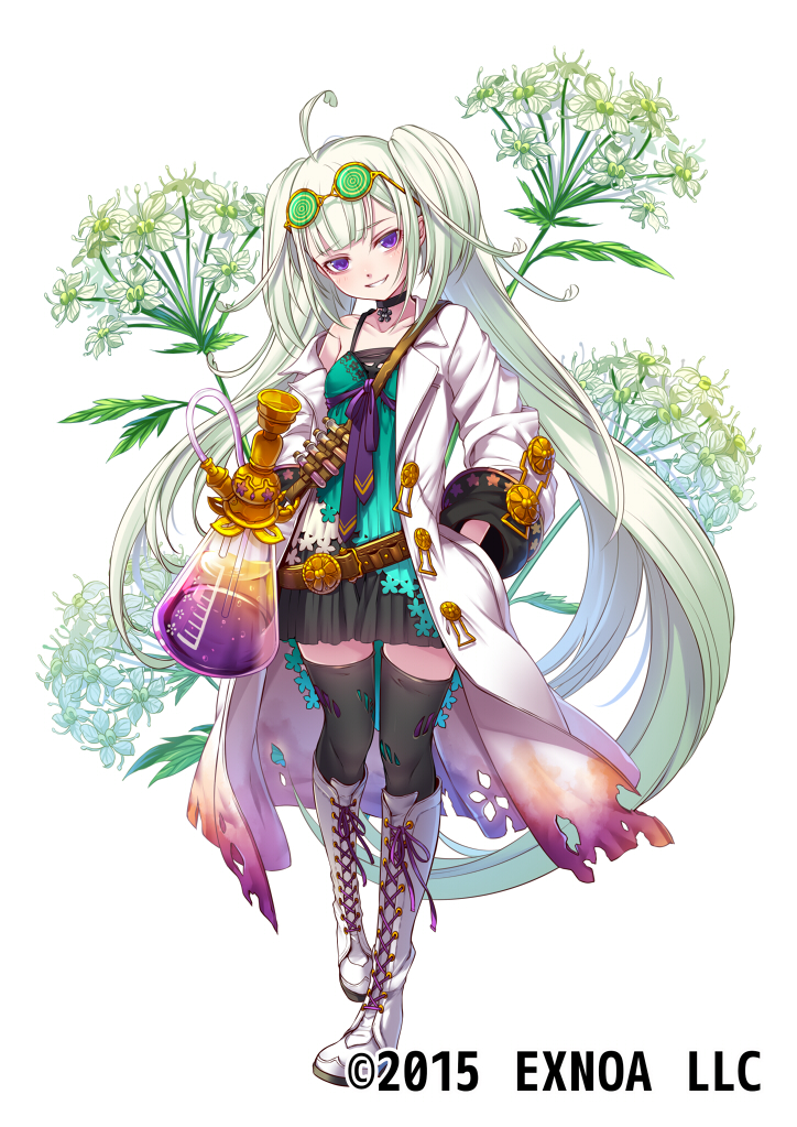 1girl ahoge black_legwear black_neckwear boots choker coat cross-laced_footwear dress eyewear_on_head flask flower flower_knight_girl full_body grin hemlock_(flower_knight_girl) knee_boots lace-up_boots light_green_hair long_hair looking_at_viewer mataichi_mataro multicolored multicolored_clothes multicolored_dress object_namesake official_art purple_ribbon ribbon simple_background smile solo standing thigh-highs twintails violet_eyes white_background white_coat white_footwear zettai_ryouiki