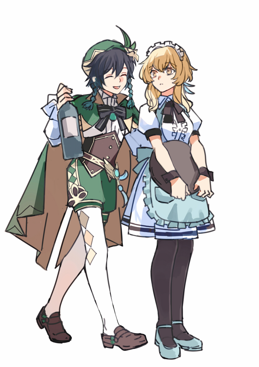 1boy 1girl alternate_costume apron bangs black_hair black_legwear blonde_hair blue_hair bottle bow braid breasts cape closed_eyes closed_mouth dress enmaided flower frilled_apron frilled_sleeves frills genshin_impact gradient_hair green_headwear hair_between_eyes hair_flower hair_ornament hat holding holding_bottle holding_tray kk_(kkgame7733) leaf long_hair long_sleeves lumine_(genshin_impact) maid maid_apron maid_headdress multicolored_hair open_mouth otoko_no_ko pantyhose puffy_sleeves ribbon shoes short_sleeves simple_background skirt sleeve_cuffs smile tray twin_braids venti_(genshin_impact) vision_(genshin_impact) white_background white_dress white_flower white_legwear wine_bottle yellow_eyes