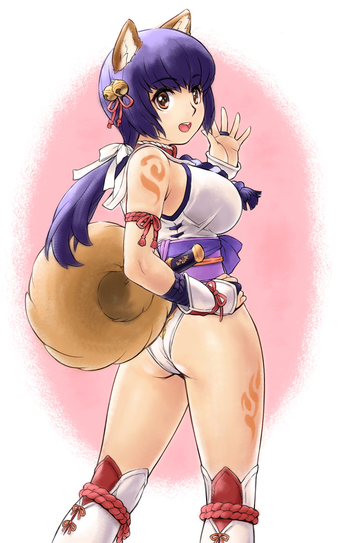 1girl :d animal_ears armor ass bell body_markings brown_eyes chinese_zodiac dog_ears dog_tail from_behind hair_bell hair_ornament hair_ribbon japanese_armor japanese_clothes jingle_bell kote leotard looking_back low_ponytail new_year obi open_mouth original purple_hair ribbon sash smile solo suneate tail uchiu_kazuma waving white_ribbon year_of_the_dog
