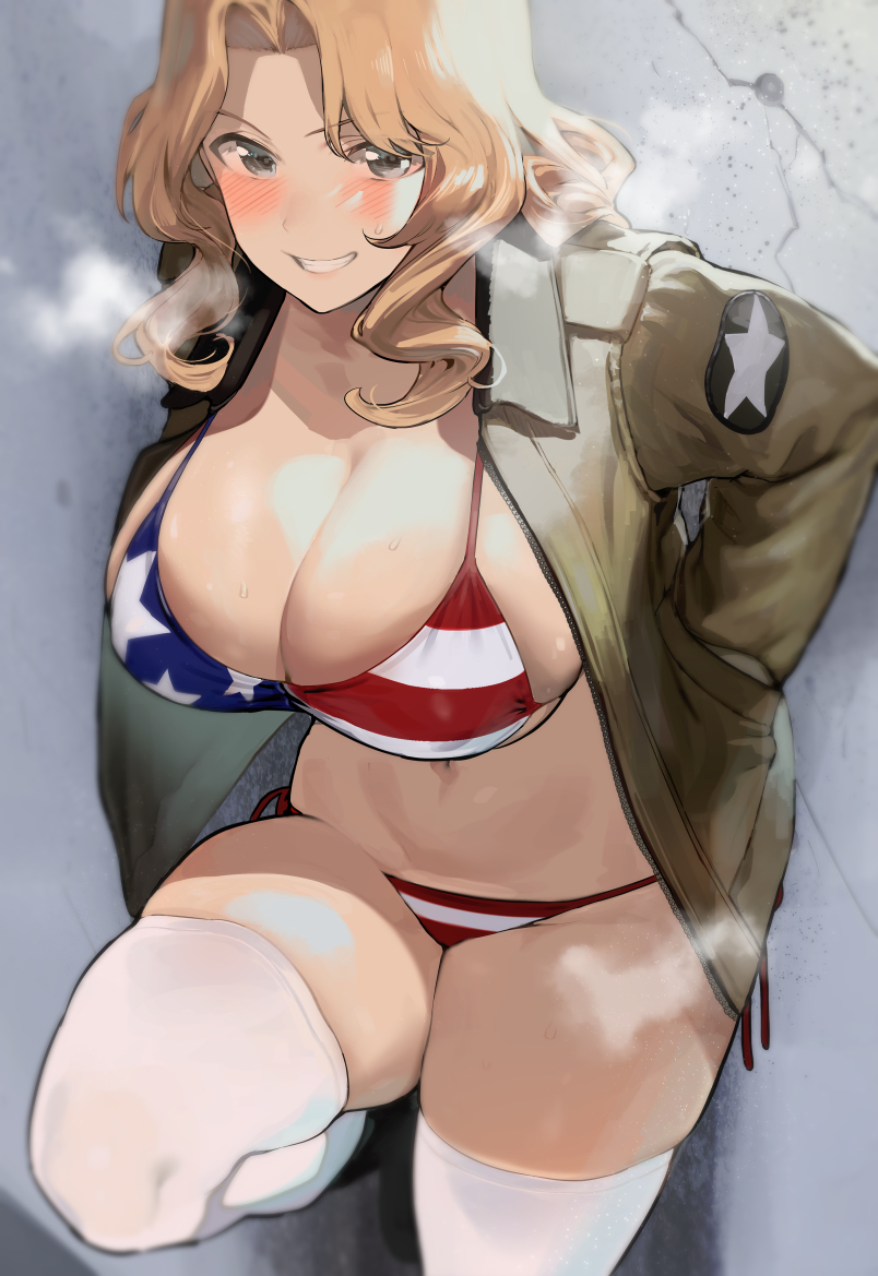 1girl against_wall american_flag_bikini bikini blonde_hair blush breasts clenched_teeth commentary_request flag_print girls_und_panzer green_jacket grey_eyes hand_in_pocket ikuchan_kaoru jacket kay_(girls_und_panzer) large_breasts long_sleeves looking_at_viewer navel short_hair smile solo star_(symbol) striped striped_bikini sweat swimsuit teeth thigh-highs white_legwear