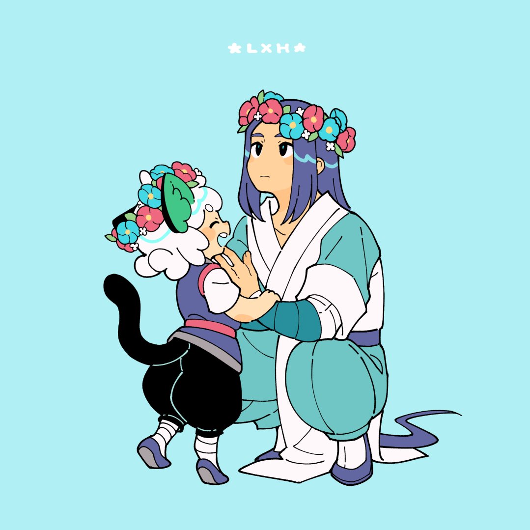 2boys abyff14 animal_ears aqua_background aqua_flower black_footwear black_hair blush cat_boy cat_ears cat_tail closed_eyes flower long_hair luoxiaohei multiple_boys no_nose open_mouth profile red_flower shoes short_hair short_sleeves simple_background smile squatting tail the_legend_of_luo_xiaohei very_long_hair white_hair wuxian_(the_legend_of_luoxiaohei)