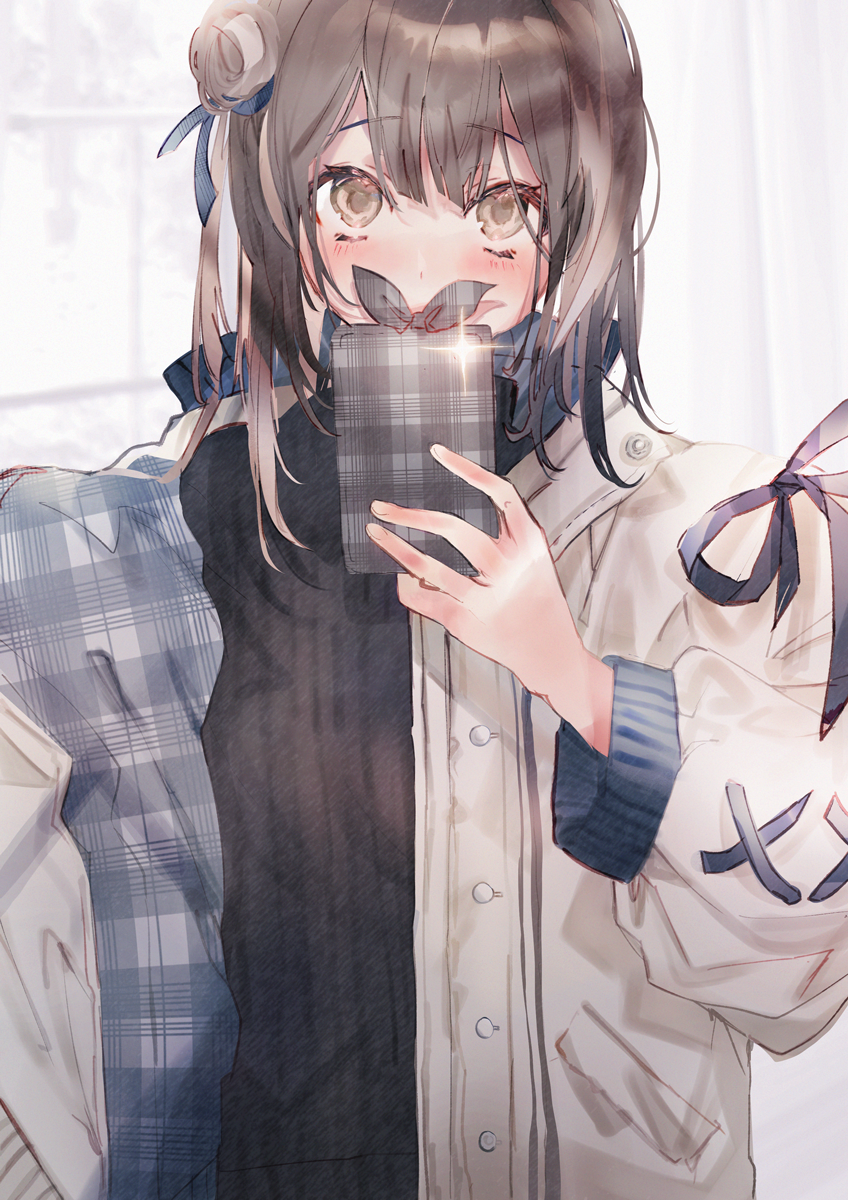 1girl bangs beige_jacket black_bow black_sweater blush bow brown_eyes brown_hair cellphone eyebrows_visible_through_hair hair_bun highres holding holding_phone looking_at_viewer looking_up original phone shia_job smartphone solo sweater