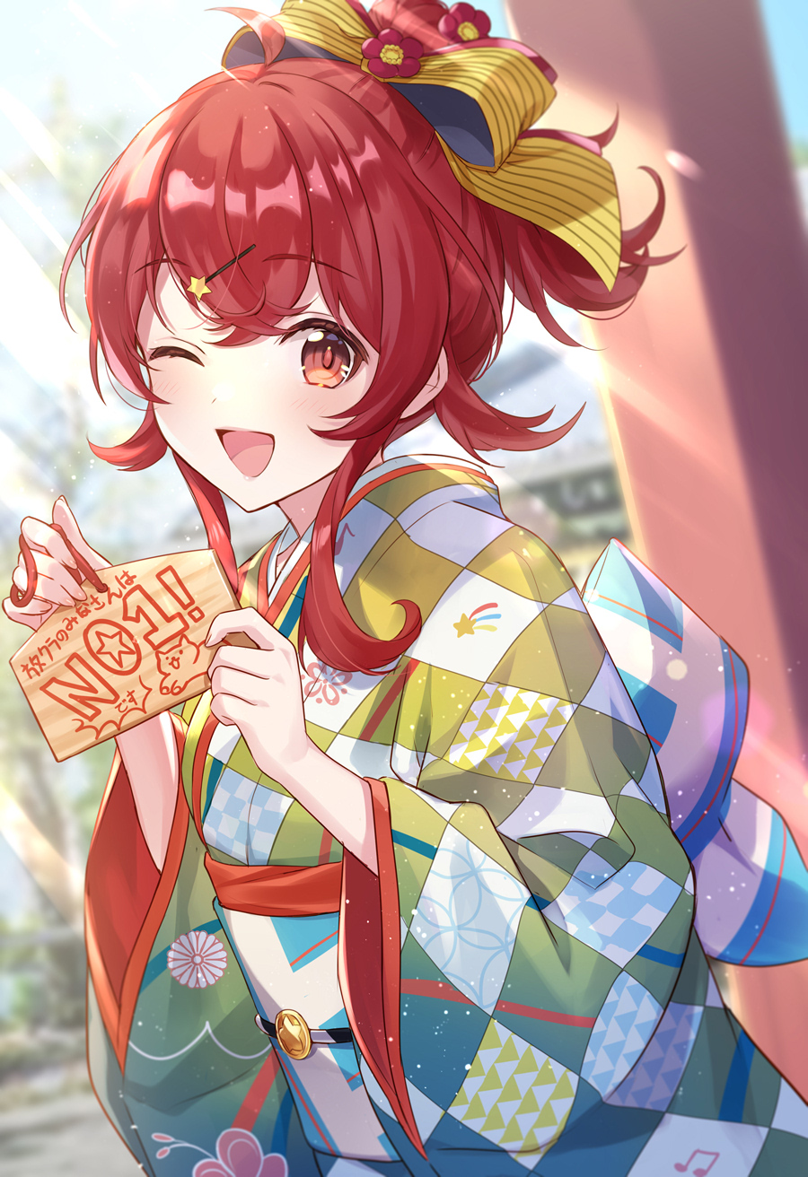 1girl ;d ahoge blurry blurry_background checkered checkered_kimono commentary_request day ema flower hair_flower hair_ornament hair_ribbon hairclip highres idolmaster idolmaster_shiny_colors iku2727 japanese_clothes kimono komiya_kaho long_hair looking_at_viewer obi one_eye_closed open_mouth outdoors ponytail red_eyes redhead ribbon sash short_hair_with_long_locks smile solo translation_request wide_sleeves