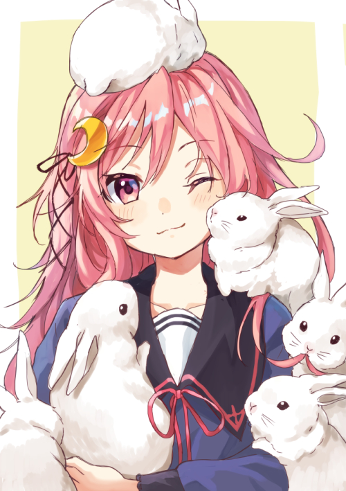 1girl ahoge animal_on_head black_sailor_collar blue_shirt bunny_on_head commentary_request commission crescent crescent_hair_ornament hair_ornament hair_ribbon kantai_collection long_hair looking_at_viewer mitsuyo_(mituyo324) on_head one_eye_closed pink_hair rabbit red_eyes ribbon sailor_collar school_uniform serafuku shirt too_many too_many_bunnies upper_body uzuki_(kantai_collection)