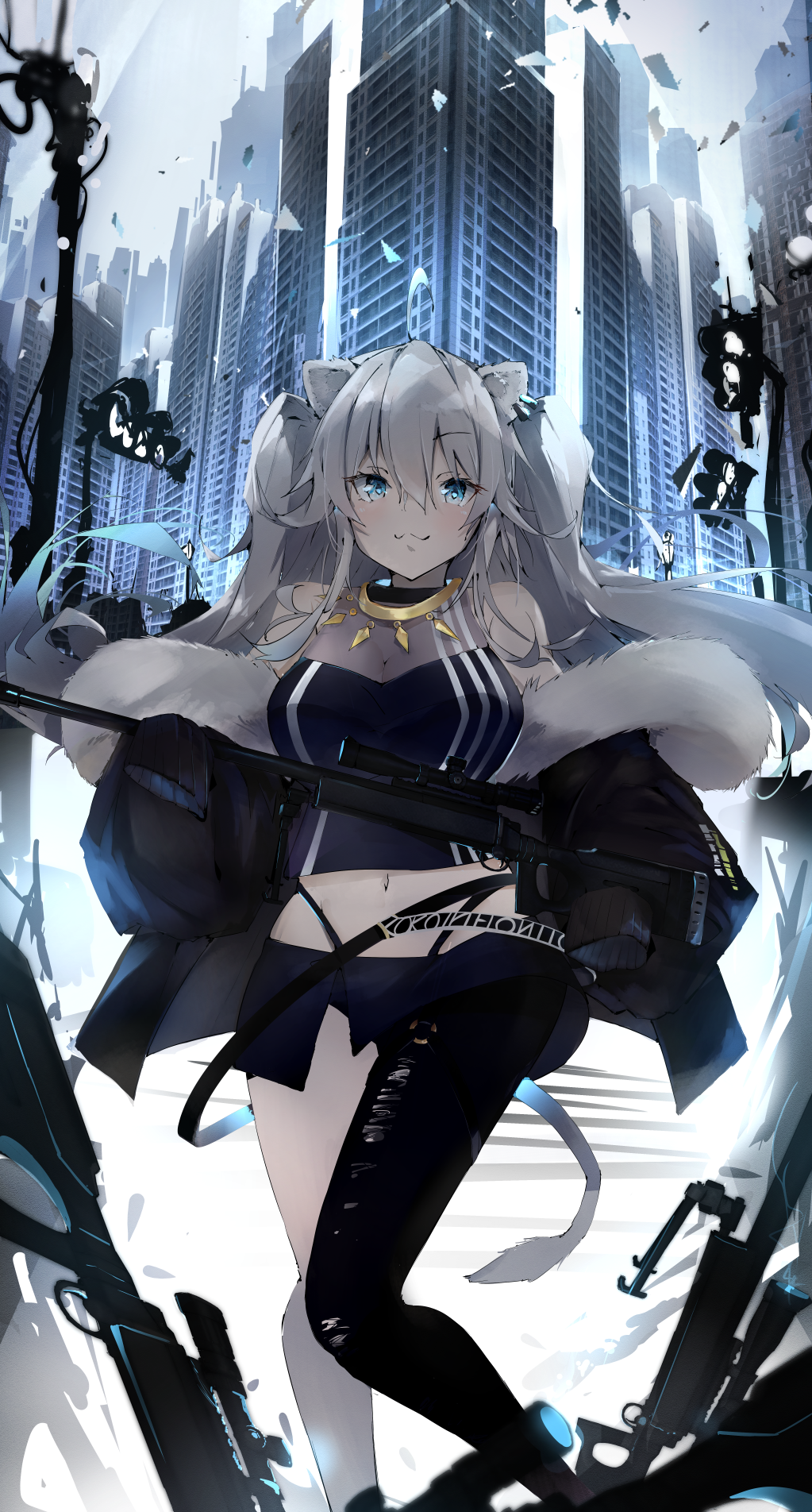 :3 animal_ears bangs black_jacket blue_eyes breasts city ear_piercing fur_trim grey_hair gun hair_between_eyes highres holding holding_gun holding_weapon hololive jacket lion_ears lion_girl medium_breasts navel nekopote off_shoulder piercing rifle shishiro_botan single_legging smile sniper_rifle torn_clothes torn_legwear virtual_youtuber weapon