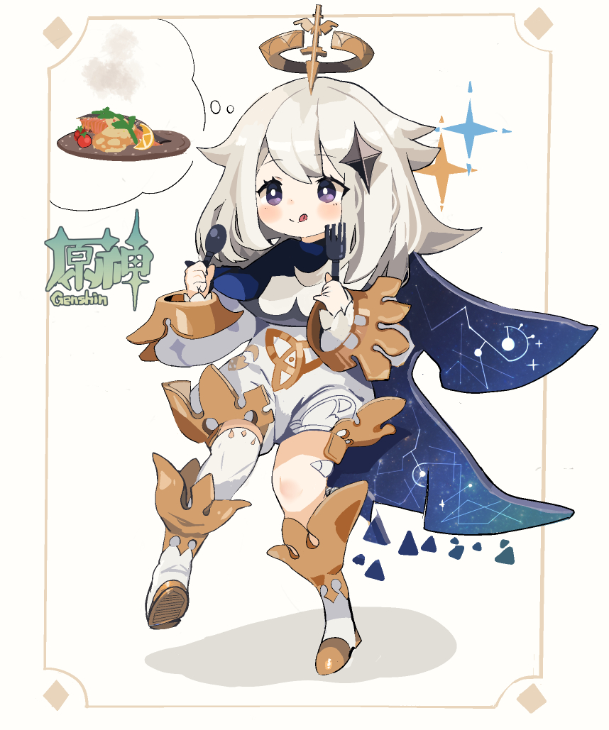 1girl :q blush cape copyright_name food fork full_body genshin_impact hair_ornament halo long_sleeves medium_hair paimon_(genshin_impact) ryu_(17569823) single_thighhigh solo spoon thigh-highs thought_bubble tongue tongue_out violet_eyes white_footwear white_hair white_legwear