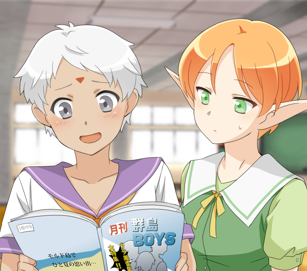 2girls :o alternate_costume blurry blurry_background blush book collar collarbone commentary_request contemporary dark_skin elf gensou_suikoden gensou_suikoden_iv green_eyes green_shirt grey_eyes ham_pon holding holding_book jewel_(suikoden) multiple_girls orange_hair paula_(suikoden) pointy_ears purple_collar school school_uniform serafuku shirt short_hair short_sleeves silver_hair sweatdrop white_shirt